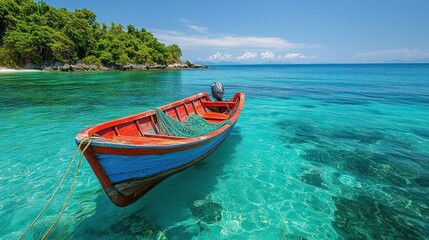 Naklejka premium Tranquil tropical beach scene with a small wooden boat floating in crystal clear turquoise waters near lush green coastline under bright blue sky with few clouds