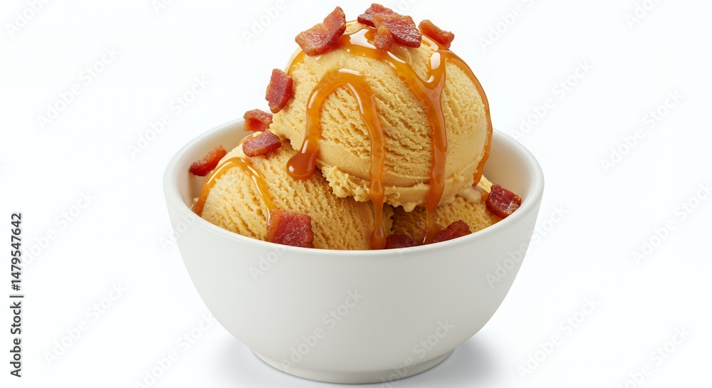 Poster maple ice cream with bacon bits and caramel drizzle in white bowl isolated on white background