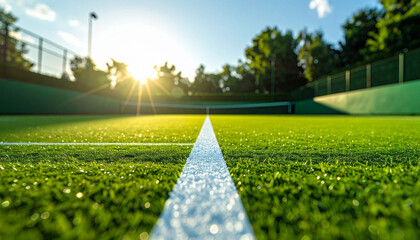 Green court awaits under bright sun, with white lines marking its surface