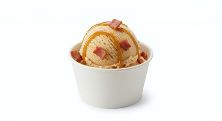 Maple Ice Cream with Crispy Bacon Bits and Caramel Drizzle in White Bowl Isolated Against White Background Perfect For Decoration And Ice Cream Day Promotions