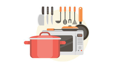 Vibrant kitchenware set microwave oven pot and utensils ready for cooking delicious meals