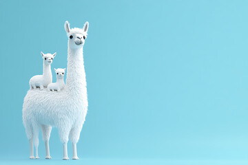 Obraz premium Three fluffy llamas, including a mother and two young, stand against a soft blue background