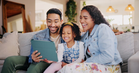 Home, girl and parents on sofa, tablet and relax with social media, entertainment and laughing in lounge. Family, apartment and mother with father, child or tech with online video, funny or happiness