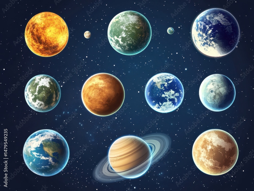 Poster collection of spherical planets floating in starry space digital art close up view of celestial bodi