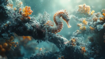 Stunning underwater scene featu a seahorse gracefully swimming among colorful coral reefs and vibrant marine life in clear tropical ocean water