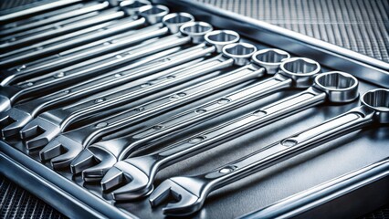 Close-up view of a neatly organized set of chrome wrenches in a metallic tray, showcasing their polished surfaces and precise engineering