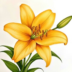 Obraz premium Detailed Yellow Lily Painting with Green Leaves and Bud