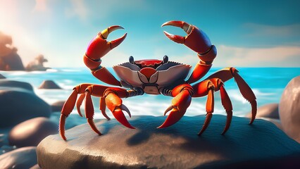 Fototapeta premium A crab scuttles over rocks, waving its claws as it dashes along the beach. This marine creature embodies vitality and movement within its coastal environment.