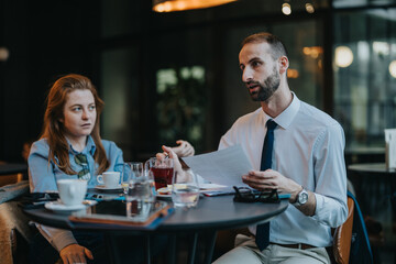 Businesspeople engaged in meeting inside a contemporary cafe. The scene captures a professional discussion with documents and beverages on the table, representing collaboration in an informal setting.