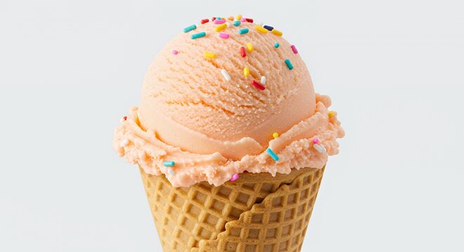 Peach Ice Cream Single Scoop with Colorful Sprinkles in Waffle Cone Isolated Against White Background