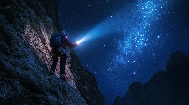 A determined explorer wea a backpack and outdoor clothing in a canyon at night using a flashlight to illuminate the rugged rocky walls under a starry sky with Milky Way galaxy