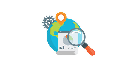 Global business analytics data research magnifying glass world map success