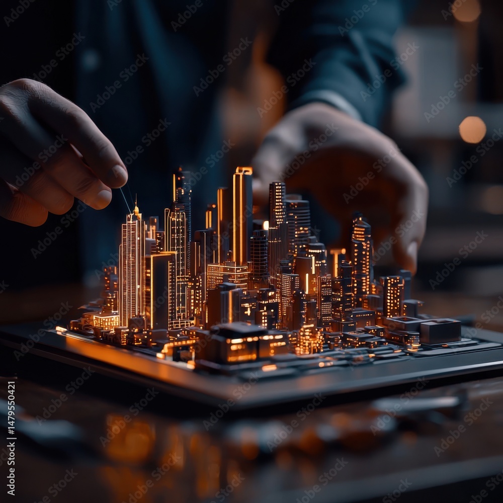 Poster manipulating a futuristic digital twin urban model with holographic style features displayed with a 
