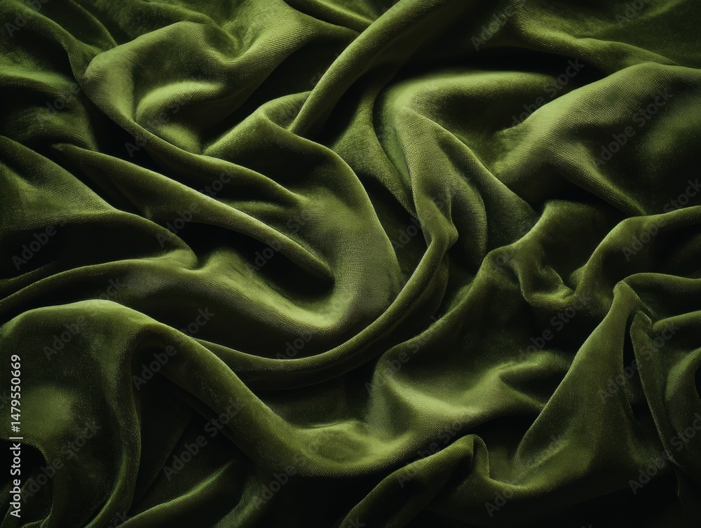 Poster olive green velvet fabric draping in luxurious folds creating abstract patterns in studio lighting t