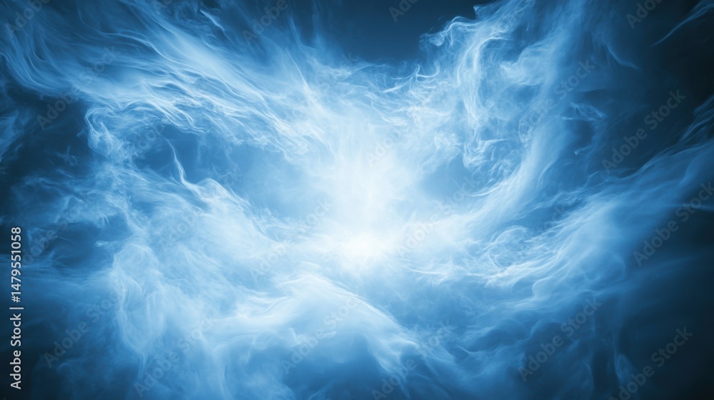 Poster ethereal blue nebula swirls with bright center light abstract background space art digital rendering