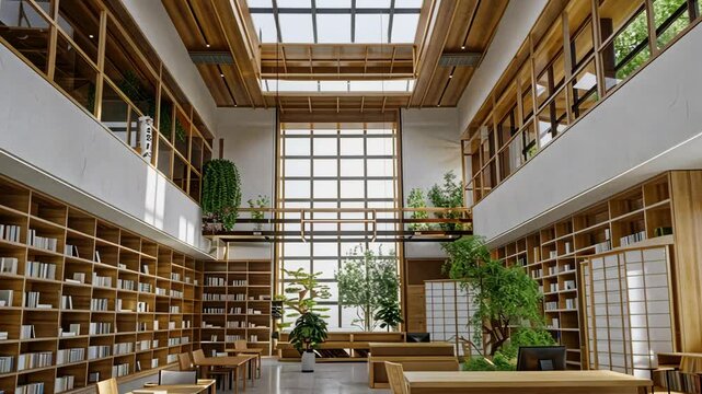 A modern interior design with a Japanese touch green library, wooden bookshelves and furniture, white walls, indoor plants, Generative AI Videos.
