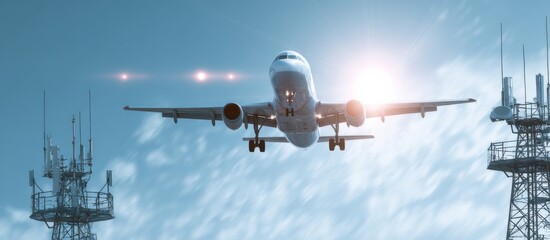Airplane approaches landing near communication towers during clear blue sky with few clouds in the late afternoon