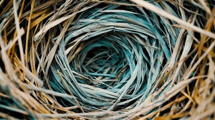 Intricate Bird's Nest Woven with Beige Brown and Teal Grass