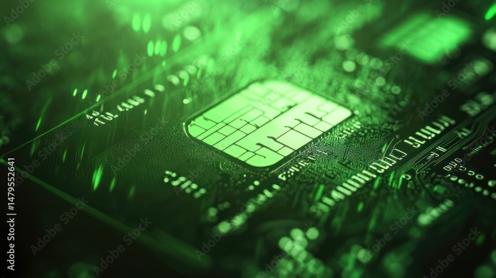 Poster close-up of a green circuit board with an embedded chip