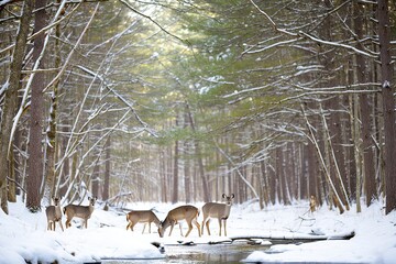 Group of white-tailed deer grazing beside a snow covered stream in a winter forest