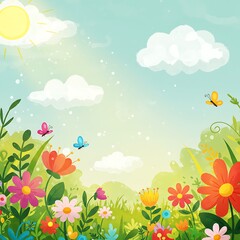 Fototapeta premium Happy Spring Meadow, Colorful Flowers, Butterflies