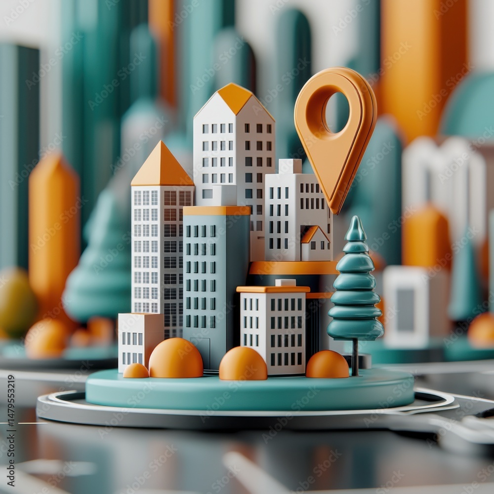 Poster a pastel soft-color urban model showcases a digital twin city with building clusters and location pi