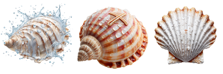 Baptismal shell with water droplets and cross design, Concept of cleansing, rebirth, and spiritual initiation, isolated on Transparent background