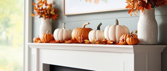 Elegant autumn decorated fireplace mantel with white and orange pumpkins and fall leaves for cozy seasonal celebration