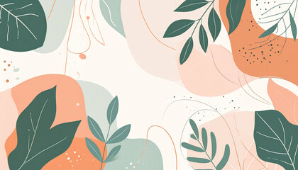 Abstract leaves with coral and green shapes on a cream background, featuring delicate line details