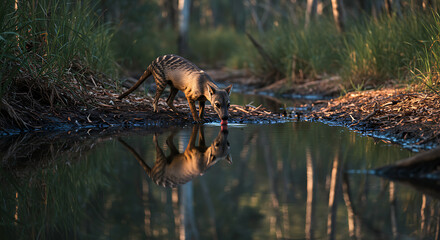 Fototapeta premium Tasmanian tiger at dawn drinks peacefully reflecting beauty serene nature