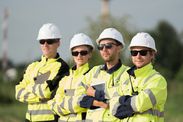 Engineer workers, Teamwork of engineer. Team of engineer standing together, preparing for working. Cooperation of workers. Unity and teamwork concept