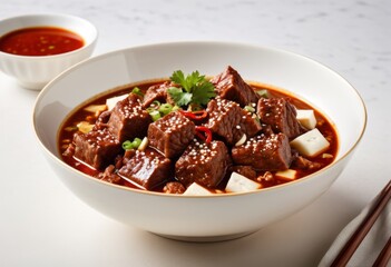 There is a bowl of food with meat and sauce inside