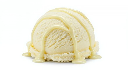 Single Scoop of Vanilla Ice Cream Drizzled with Melted White Chocolate Isolated on White Background with Creamy Texture in Detailed Culinary Still Life Optimized for Adobe Stock