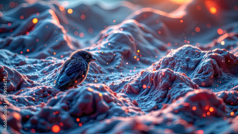 Poster surreal landscape where bird stands amidst textured glowing terrain. scene bathed warm ethereal ligh
