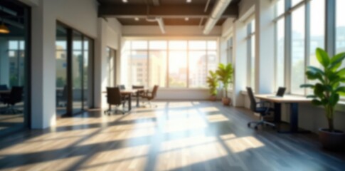 Obraz premium Soft, diffused light fills a vacant, open-plan office; blurred details , airy, minimalist, image