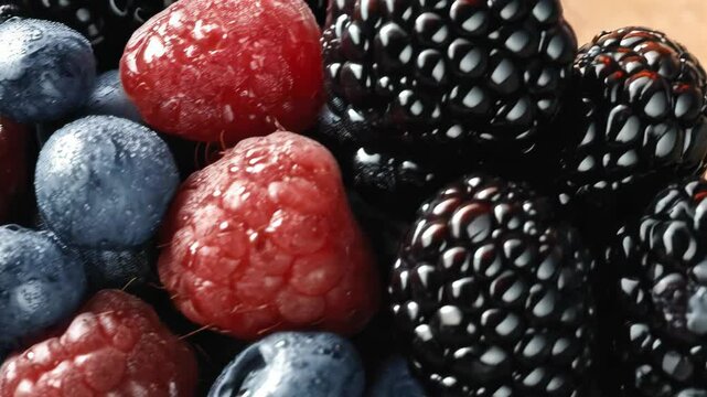 Extreme closeup of mixed berries including fresh raspberries, blueberries, and blackberries covered in glistening water droplets creating a vibrant pattern