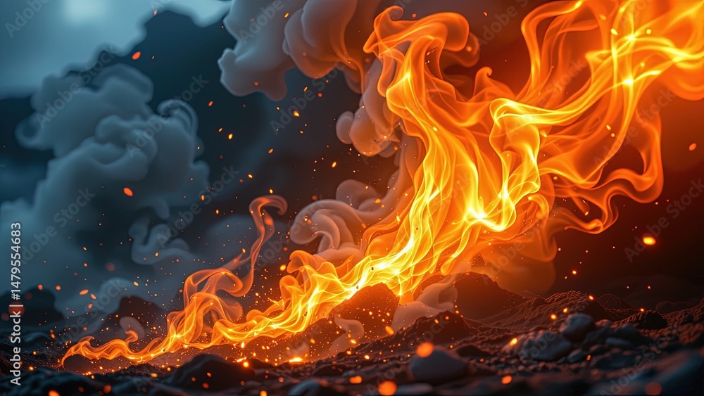 Aufkleber dynamic vivid scene of fiery flames cascading rocky terrain creating display of vibrant orange yello
