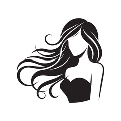 Silhouette of a  woman with long hair, wearing a dress, surrounded by flowers in an abstract and artistic style