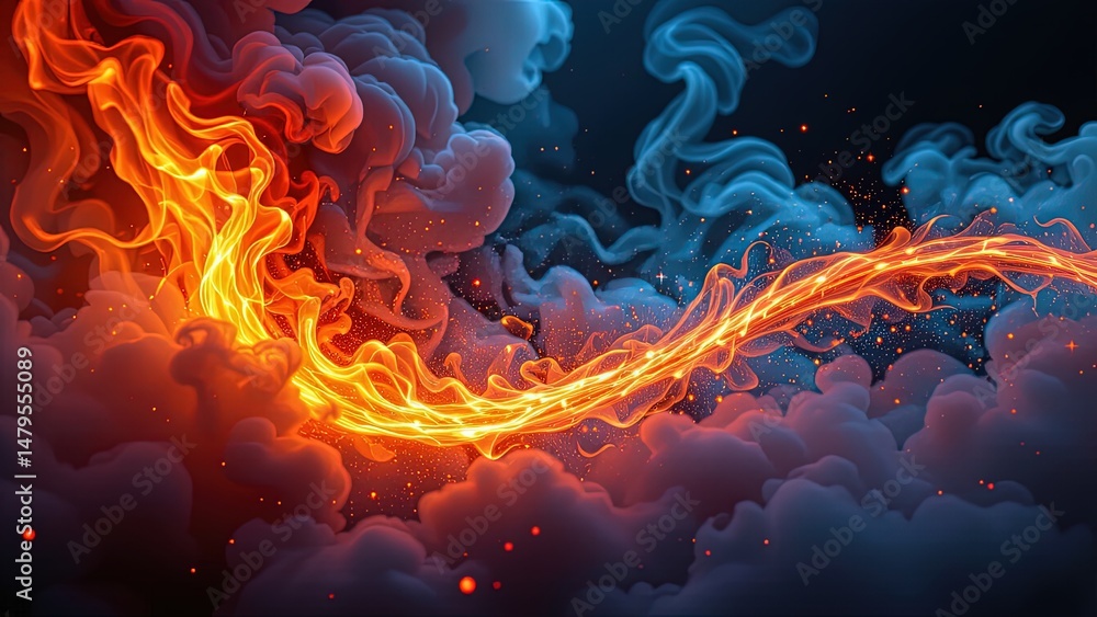 Aufkleber and dynamic scene of swirling clouds illuminated vibrant flames. fiery orange red hues contrast shar