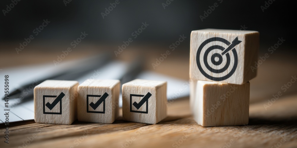 Poster blocks with check marks and target symbol emphasize goal setting on a wooden desk