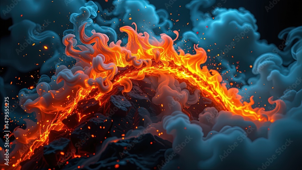Aufkleber and dynamic scene of vibrant flames intertwining swirling ethereal clouds. fiery hues of orange red 