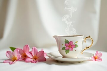 Delicate floral tea set, steaming brew, white backdrop, cozy ambiance , saucer, ambiance