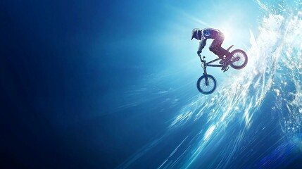 Fototapeta premium BMX Rider Performing Aerial Trick in a Dynamic Blue Abstract Background