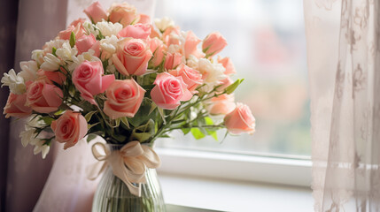 Bouquet de fleurs fraiches de printemps, couleurs p&acirc;les, rose, blanc. Lumi&egrave;re matinale qui &eacute;claire le bouquet par la fen&ecirc;tre. Int&eacute;rieur maison cosy, ambiance naturelle et douce. Lumi&egrave;re du jour.