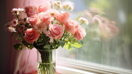 Bouquet de fleurs fraiches de printemps, couleurs p&acirc;les, rose, blanc. Lumi&egrave;re matinale qui &eacute;claire le bouquet par la fen&ecirc;tre. Int&eacute;rieur maison cosy, ambiance naturelle et douce. Lumi&egrave;re du jour.