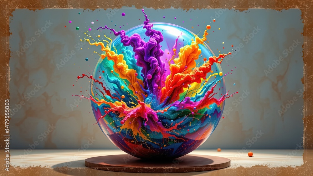 Poster vibrant colorful sphere that appears to made of liquid bursting outward dynamic explosion of colors.