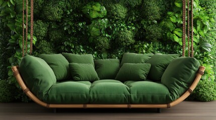 Luxurious green cushioned outdoor hanging sofa with wooden frame surrounded by lush garden foliage and greenery