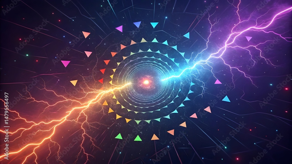 Poster lightning bolts through colorful triangle tunnel with glowing center and dark cosmic background