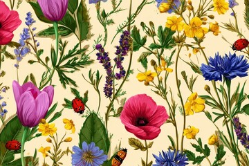 Vibrant floral pattern with various colorful flowers and leaves.