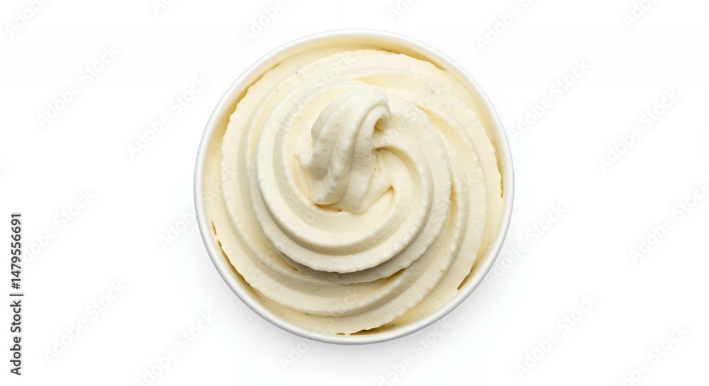Poster textured swirl of vanilla bean frozen yogurt with a single scoop isolated on white background perfec